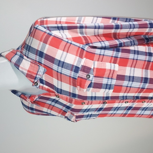 2000's Forever 21 Red Blue White Long Sleeve Plaid Button Up Shirt Size Large - Picture 8 of 12